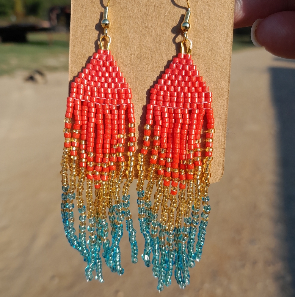 Unique Handmade Beaded Fringe Earrings In Coral